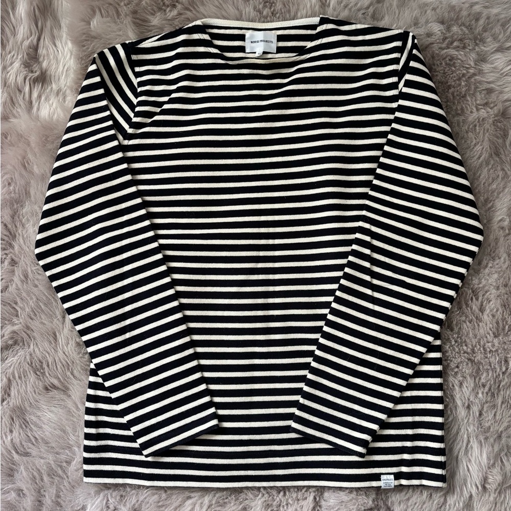 Norse Projects Navy Blue and White Striped Knitted Top